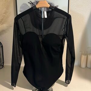 Popilush Black Long Sleeve Mesh Shapewear Bodysuit.